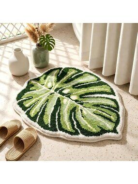 Tropical Green Leaf Bath Mat, Soft Non-Slip Washable Rug for Boho Bathroom Decor